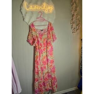 3xl Pink orange floral Smocked Maxi Dress cottagecore boho chic